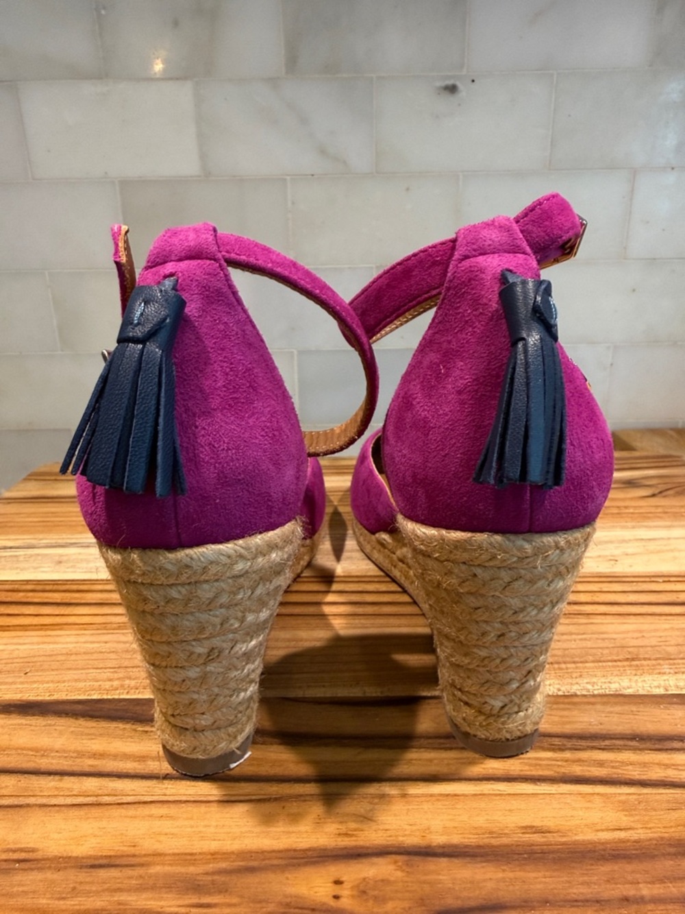 Fairfax & Favor Fuchsia Suede Wedge Espadrilles with Ankle Strap - Picture 4 of 10